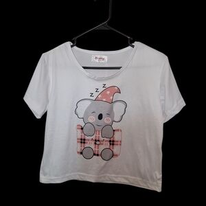 Bomy White Cropped Panda T Shirt Pajama Top Size Large NWT